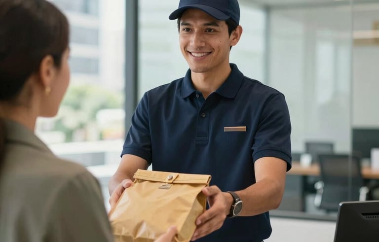 A professional delivery courier in a dark navy blue uniform handing a secure tan gold document pouch to a receptionist in a bright, modern glass-walled office lobby in a South American / Brazilian business district. Natural light, professional atmosphere.