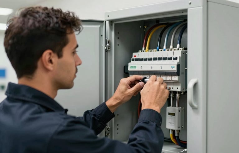 A close-up photography of a professional technician in a dark navy uniform performing maintenance on a modern electrical panel. Clean, bright indoor setting in a Brazilian corporate facility, focus on efficient and professional hand work, soft daylight.
