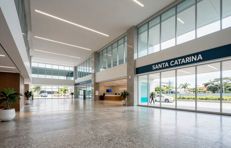A professional wide-angle photograph of a modern, high-tech commercial building lobby in Santa Catarina, Brazil. The interior features polished slate gray floors, clean minimalist lines, and bright natural lighting from large glass windows. Professional South American business atmosphere with subtle cyan and orange accents in the decor.