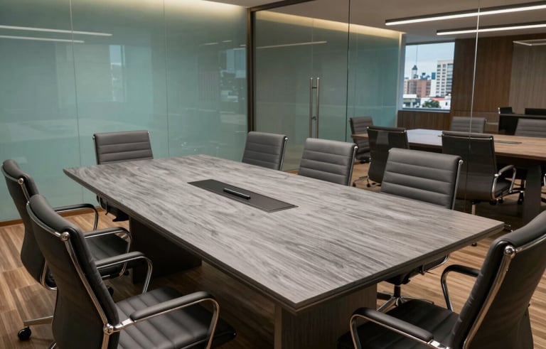 A high-end modern boardroom in Santa Catarina, Brazil, featuring a large slate gray table and ergonomic chairs. The lighting is professional and warm, with cyan highlights on the walls. Through the glass, a view of an urban landscape is visible. Style is clean, professional, and efficient.