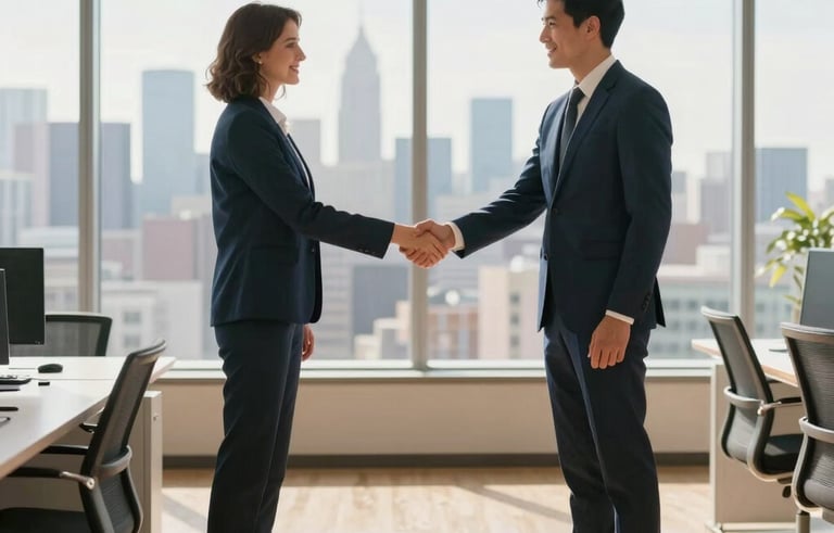 A wide-angle, professional photograph of two business partners in professional attire shaking hands in a modern, sunlit North American office. The scene includes a large window with a blurred city skyline, symbolizing strategic partnership and successful real estate negotiation. Palette colors like classic blue and sand gold are reflected in the decor.