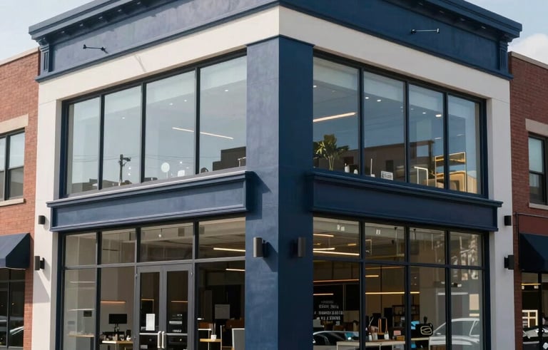 A medium shot of a modern North American commercial storefront building with glass windows and clean architectural lines. The lighting is bright and professional, highlighting a well-maintained property in a thriving business district. The colors of the building involve deep navy and off-white accents.