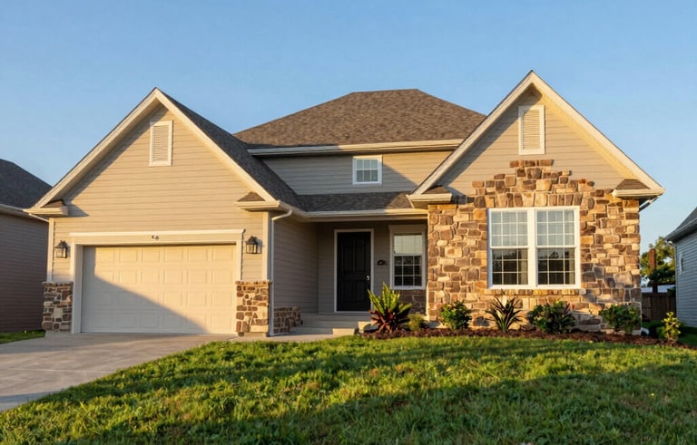 A bright and inviting photograph of a classic North American suburban home with a manicured green lawn and a clear blue sky, exuding a sense of security and reliability. The architecture is traditional with neutral siding and a stone accent wall, shot during the golden hour with soft, warm sunlight.
