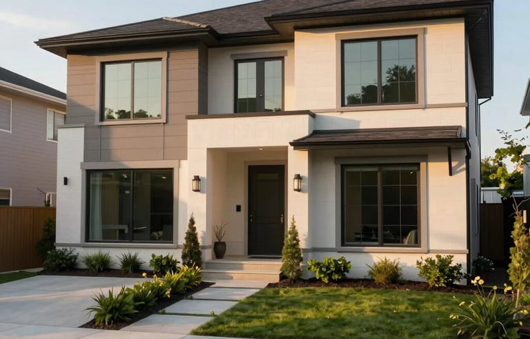 A high-end modern residential home in a North American suburb with clean lines and large windows, captured during the golden hour with soft sunlight hitting the sage green landscaping, wide-angle architectural photography.