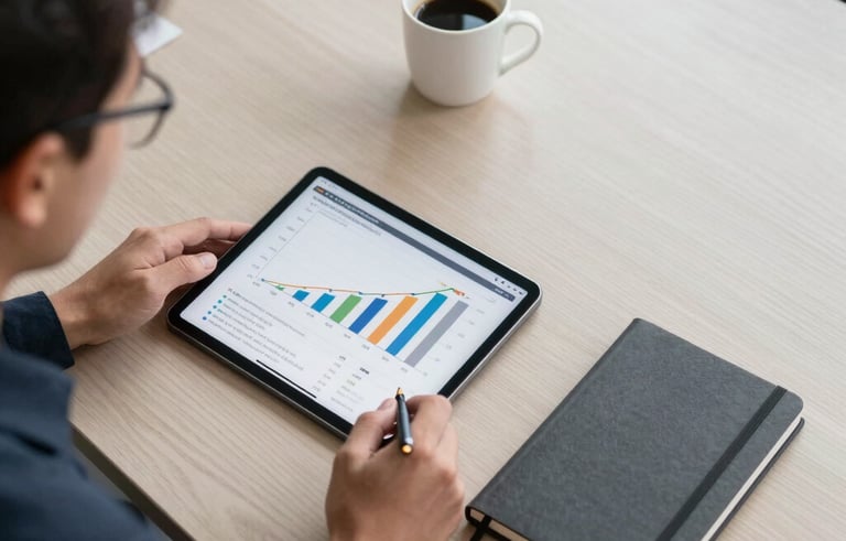 A top-down view of a professional meeting in a bright North American office, showing a tablet displaying real estate growth charts, a cup of coffee, and a charcoal grey notebook on an off-white oak desk.