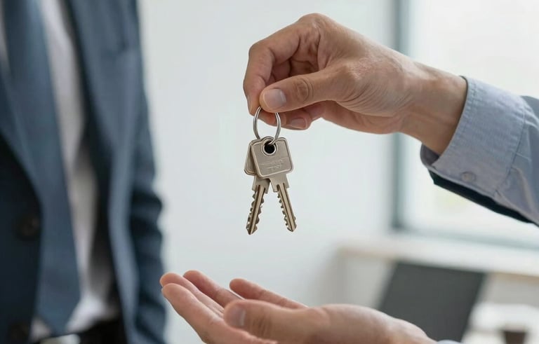 A close-up of a professional handing over a set of modern keys to a client in a bright, minimalist office setting, soft natural light, focused on the interaction and trust, North American / US context.