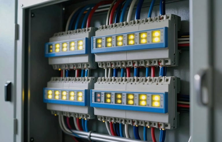 High-tech electrical panel upgrade in a modern North American garage. The organized wiring features glowing neon yellow status indicators. The composition is sleek and emphasizes system-driven reliability with electric blue accents.