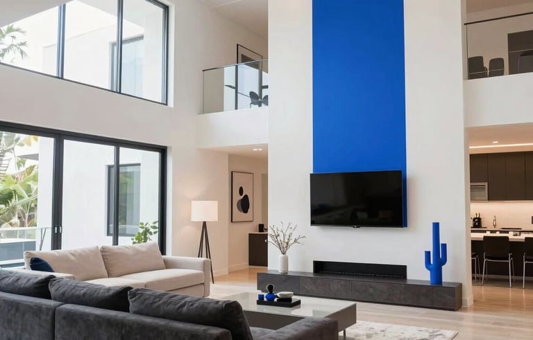 Interior shot of a modern Orlando living space featuring architectural lighting and designer installations. Bright white and electric blue tones create a vibrant energy-flow atmosphere in a contemporary North American home.