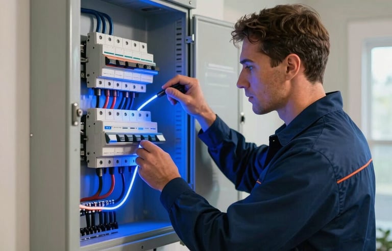 A professional North American electrician in a navy blue uniform troubleshooting a complex residential breaker panel in an Orlando home. The scene is illuminated by dynamic electric blue lighting to signify energy flow, sharp focus, professional photography style.