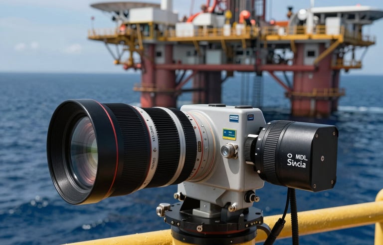 Close-up of technical communication equipment on a Brazilian offshore oil rig, blue ocean background, professional industrial photography with sharp focus and natural lighting.