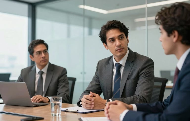 A professional South American / Brazilian man in business attire leading a technical meeting in a bright, modern corporate glass boardroom, focused and confident expression.