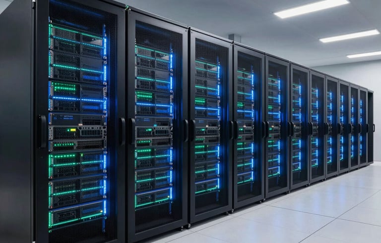 A high-end modern data center with glowing blue and teal server racks, wide angle shot, clean and sophisticated atmosphere, South American / Brazilian professional setting.