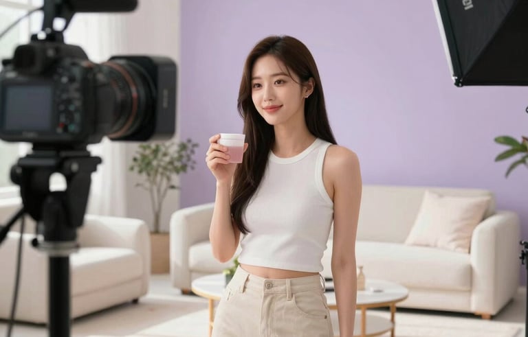 A vibrant photography shot of a professional influencer filming a lifestyle video in a modern, sun-drenched studio in the Korean and Indonesian Markets. The setting features sleek furniture and high-end equipment. Background colors include soft white and lavender. Sharp focus, professional lighting.