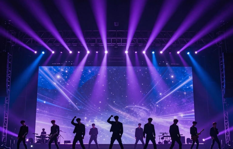A dynamic professional wide-angle shot of a grand concert stage in the Korean and Indonesian Markets, featuring silhouettes of a K-pop group against bright purple and blue stage lights. High-energy atmosphere, cinematic concert photography.