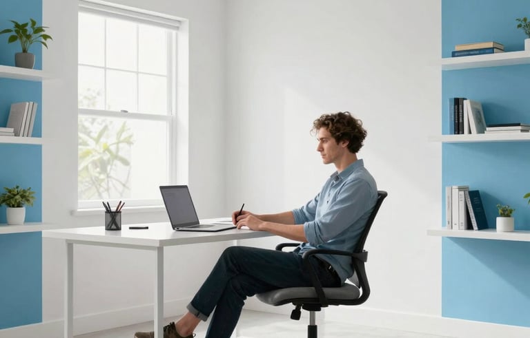 A high-key professional photograph of a bright, modern North American home office. A person is sitting at a desk with a laptop, looking relaxed while working. The room features white walls and subtle bright blue decor accents.