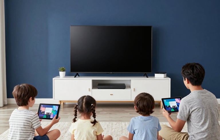 A vibrant lifestyle photograph of a family in a contemporary US home using tablets, a console, and a smart TV simultaneously without lag. The composition is wide and bright with dark blue and white tones.