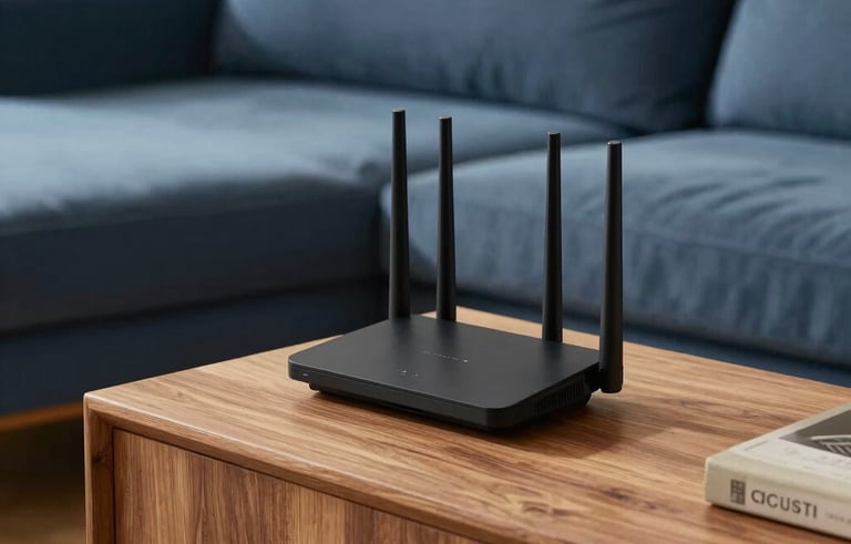 A professional architectural shot of a North American living room with a high-end WiFi 6 router placed on a clean wooden console. The lighting is warm, highlighting the modern tech and blue soft furnishings.