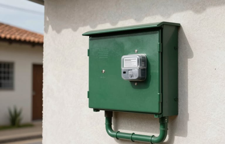 An exterior view of a residential wall in a South American / Brazilian neighborhood, showing a professional and clean installation of an electrical entrance post and meter box according to technical standards. Sunny day, clear view of conduits. Colors: Dark Green and Gray.