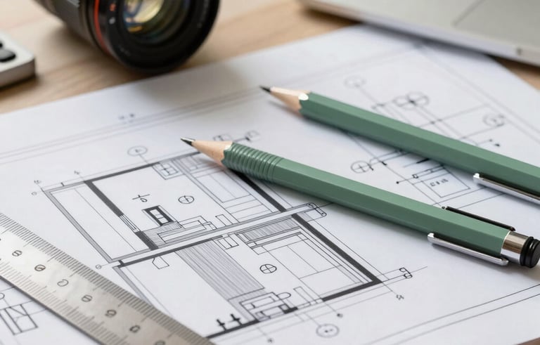 Professional photography of a technical blueprint for a modern house interior, highlighting electrical circuit symbols. Precision tools like a mechanical pencil and a ruler lie on the paper in a clean office environment. Bright, natural lighting. South American / Brazilian professional setting. Brand colors integrated via Sage Green and Silver accents.