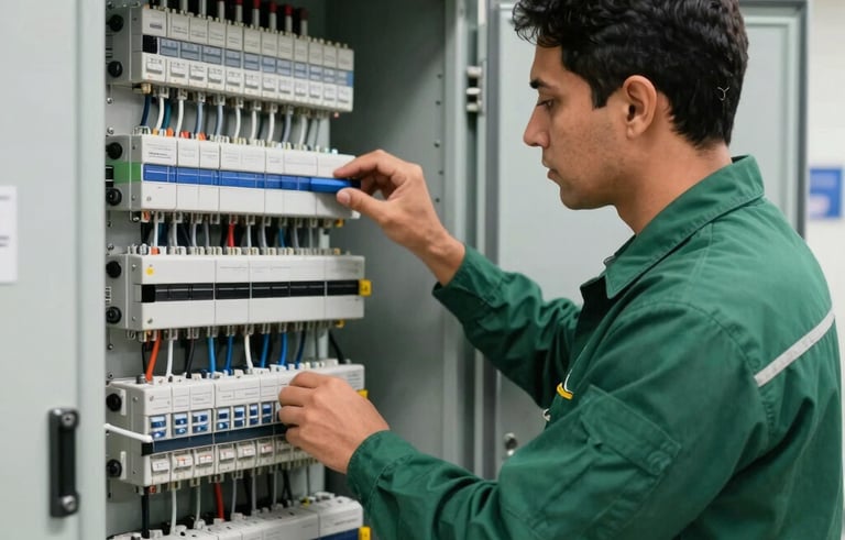 Detailed shot of a professional electrical engineer in a clean uniform, inspecting a modern and perfectly organized electrical panel inside a building. Precise work environment. South American / Brazilian setting. Sharp lighting, clean composition. Palette: Deep Forest Green and Silver.