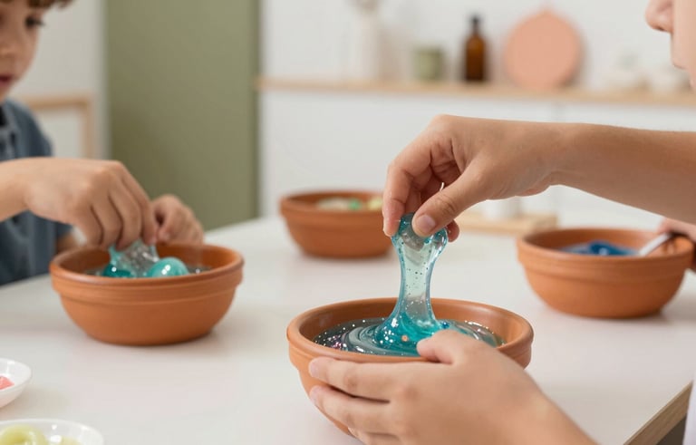 A close-up photograph of a professional slime workshop for children in a bright, modern studio in Seville, Southern European setting. Children's hands are mixing glittery slime in elegant terracotta-colored bowls. The lighting is soft and natural, emphasizing a clean, premium aesthetic with muted olive and peach accents in the background.