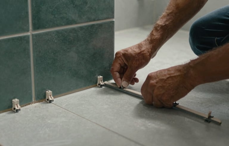 Close-up of a skilled Brazilian worker installing large porcelain tiles in a modern bathroom. Detail on the tile spacers and the precision of the layout. Soft lighting, clean environment, dark sea green and ash gray color palette.