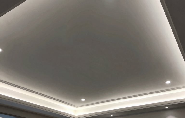 Wide angle view of a modern South American living room showing a completed drywall ceiling with recessed LED lighting and decorative molding. Sophisticated design, professional execution, charcoal and ash gray tones.