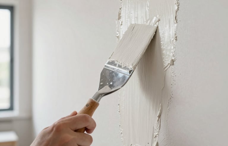 A professional Brazilian painter using a metal spatula to apply a smooth layer of off-white plaster to a wall in a modern apartment. Sharp focus on the texture of the wall, bright natural lighting, professional tools, clean aesthetic.