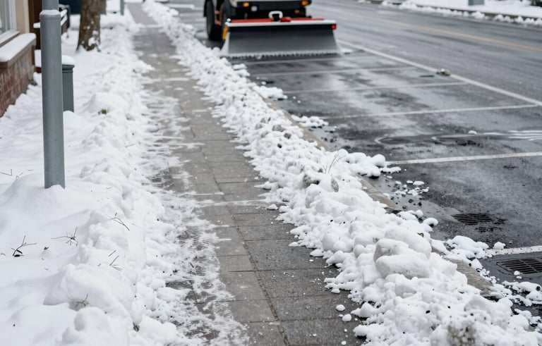 A crisp photograph of a commercial sidewalk and parking area in a Central European town, perfectly cleared of snow and salted. In the background, a small professional grit-spreading vehicle is visible. The atmosphere is cold but clean and safe.