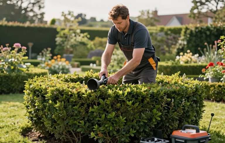 A professional gardener in work attire meticulously trimming a large ornamental hedge in a Central European garden. The scene is bright with soft morning light, showing lush green lawns and professional equipment. High-quality photography with a clean, reliable atmosphere.