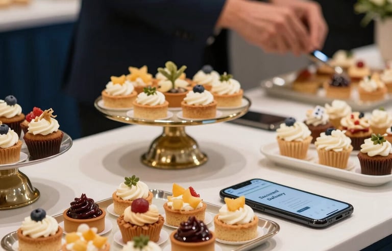 A high-end Brazilian corporate event dessert station. In the foreground, an elegant table features gourmet tarts and cupcakes. A smartphone beside the tray shows a 'Successful Delivery' interface. Soft focus on a professional attendant in the background. Palette features dark blue and cream tones.