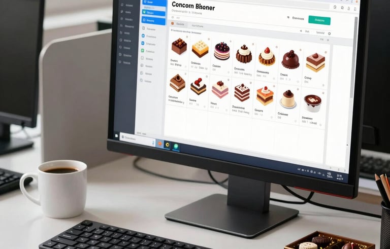 A modern South American / Brazilian office workstation. A sleek computer monitor displays a colorful confectionery inventory management system. A professional coffee mug and a small box of chocolates sit on the clean white desk. Natural lighting, professional and inviting mood.