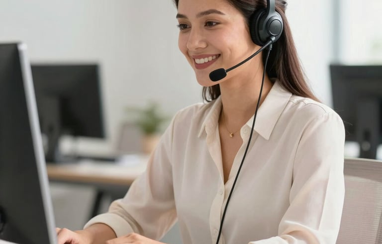 A South American / Brazilian customer support professional wearing a sleek headset, smiling warmly in a bright, modern office setting. On the desk, a small, elegant plate of traditional brigadeiros adds a confectionery touch. Professional photography, soft morning light, palette includes off-white and soft peach.