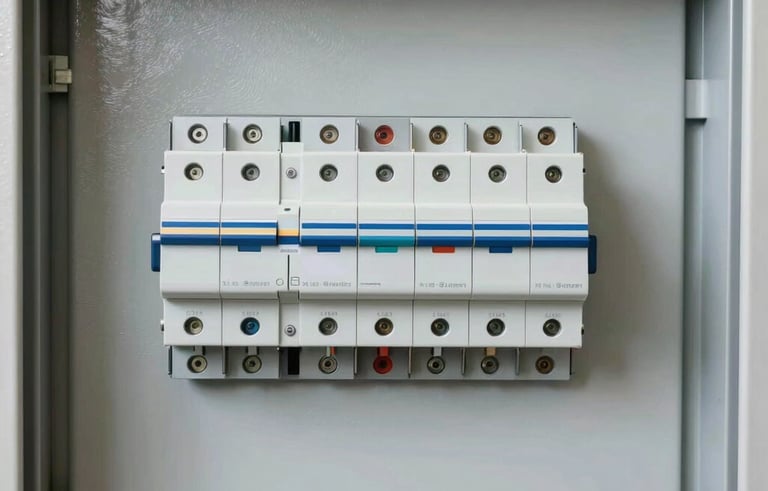 A clean, modern, and perfectly organized electrical breaker panel inside a North American home garage. The focus is on precision and safety. High-quality professional photography with bright, neutral lighting.