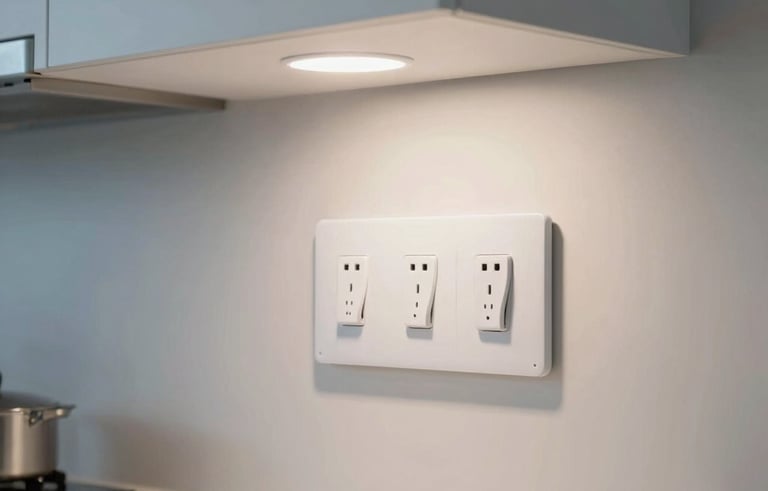 A warm and inviting North American kitchen interior featuring elegant recessed LED lighting. The image shows a bright, clean, and safe home environment with a focus on modern electrical fixtures. Soft blue and white accents.