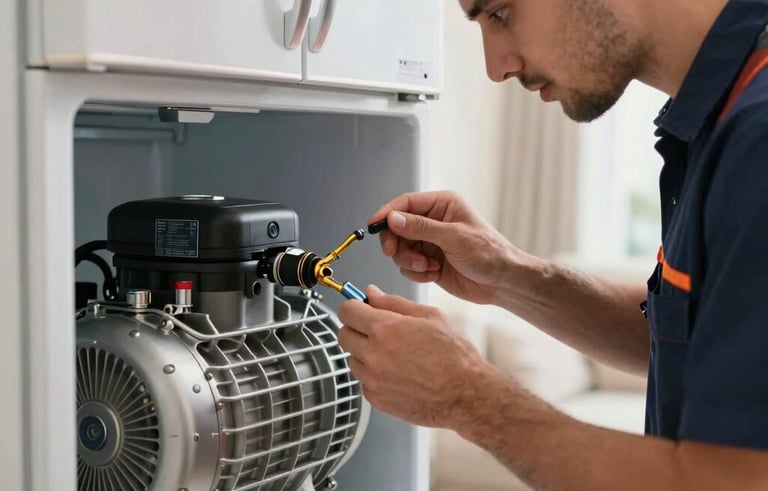 Close-up of a professional technician's hands in a navy blue uniform using tools to inspect the compressor of a modern refrigerator, bright Middle Eastern / Gulf home setting, sharp focus, expert mood.