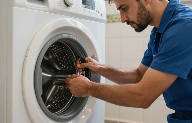 A professional repairman in a blue work shirt repairing the drum of a washing machine, soft industrial lighting, Middle Eastern / Gulf residential laundry room context, high quality photography.