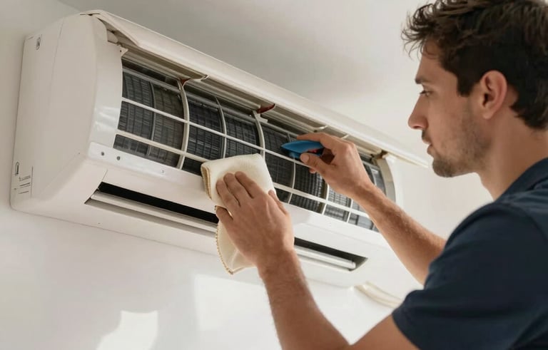 A specialist cleaning the internal filters of a wall-mounted split air conditioner, bright natural light in a Middle Eastern / Gulf apartment, professional and efficient atmosphere.