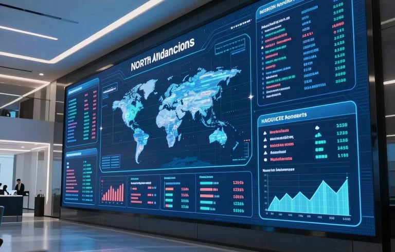 A wide shot of a futuristic marketing strategy room in a North American skyscraper. Large digital wall displays show glowing data visualizations and global advertising campaign metrics. The room is filled with ambient deep blue and pale steel blue light. High-end photography, cinematic composition.