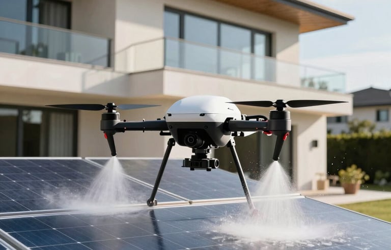 A specialized cleaning drone spraying eco-friendly treatment on solar panels of a high-end contemporary villa. European architecture, bright sun, clean and technological aesthetic, demonstrating efficiency.