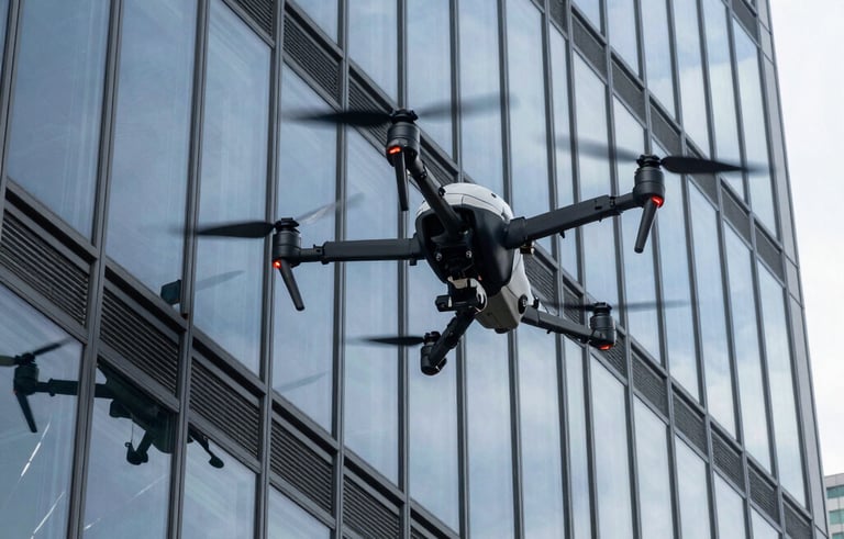 A sophisticated industrial drone performing a technical inspection on the glass facade of a modern skyscraper in a French business district. Sharp focus, daylight, professional atmosphere, reflecting innovation and safety.