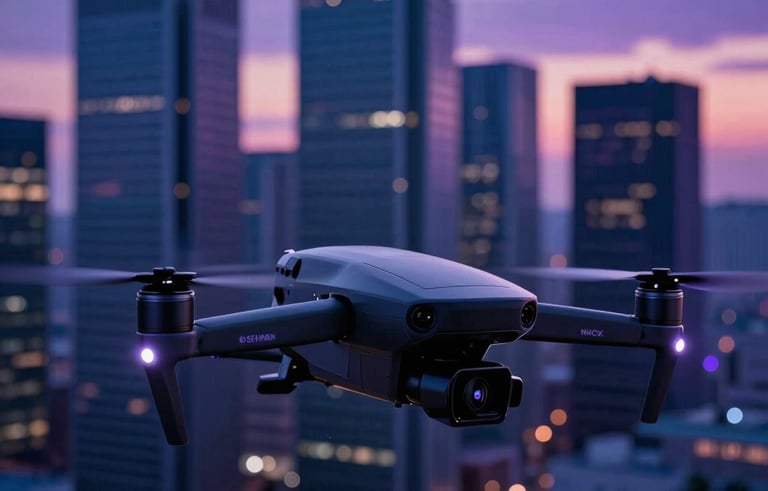 A high-end professional drone capturing cinematic footage of a modern European city at dusk. The drone is sleek, dark, and glowing with subtle purple lights. The background shows a futuristic skyline with deep blue and violet tones, high contrast, luxury tech aesthetic, Apple-style lighting.