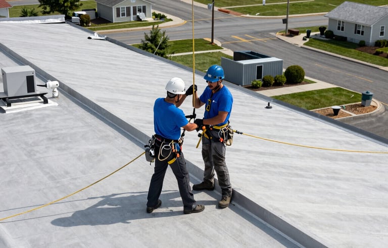 A roofer performing a maintenance inspection on a large commercial flat roof in Toms River, New Jersey. The background shows a suburban NJ setting, industrial equipment, professional atmosphere, using light gray and blue colors.