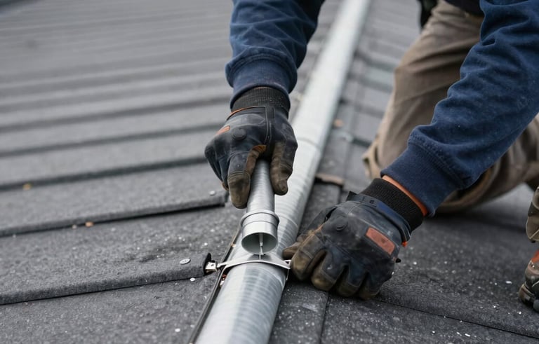 Close-up of a skilled roofing contractor in North American / US - New Jersey applying high-performance sealant to a flat roof seam. Professional tools and durable industrial materials visible, dark blue and steel gray palette.