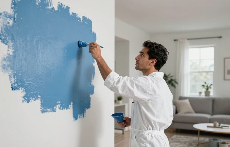 A professional painter in white work clothes applying steel blue paint to a clean wall in a modern North American / Hispanic living room. Sharp edges, professional drop cloths visible, bright and tidy workspace, natural daylight.