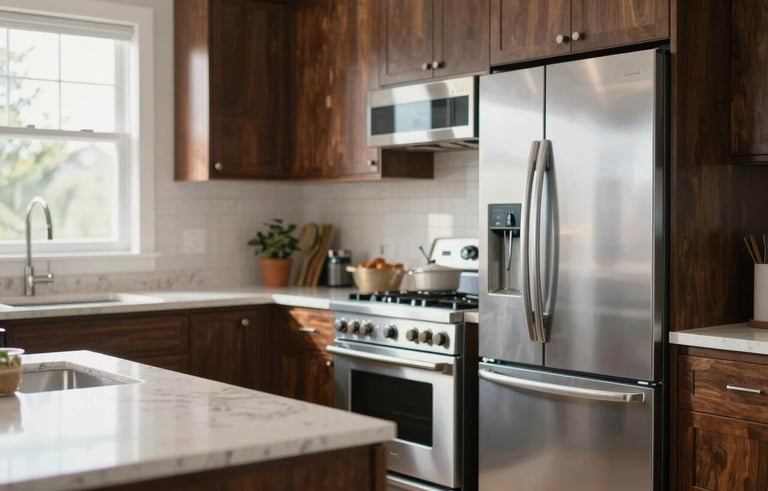 High-end modern kitchen renovation in a North American / Hispanic home. Close-up of quartz countertops, stainless steel appliances, and sleek dark wood cabinetry. Bright, natural morning light, professional architectural photography style with accents of white and steel blue.