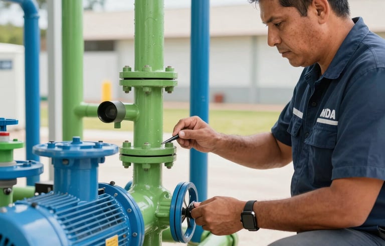 A professional South American / Mexican technician in a uniform inspecting a modern water pump station. The scene includes apple green and cobalt blue pipes. Clear, expert atmosphere with natural daylight.