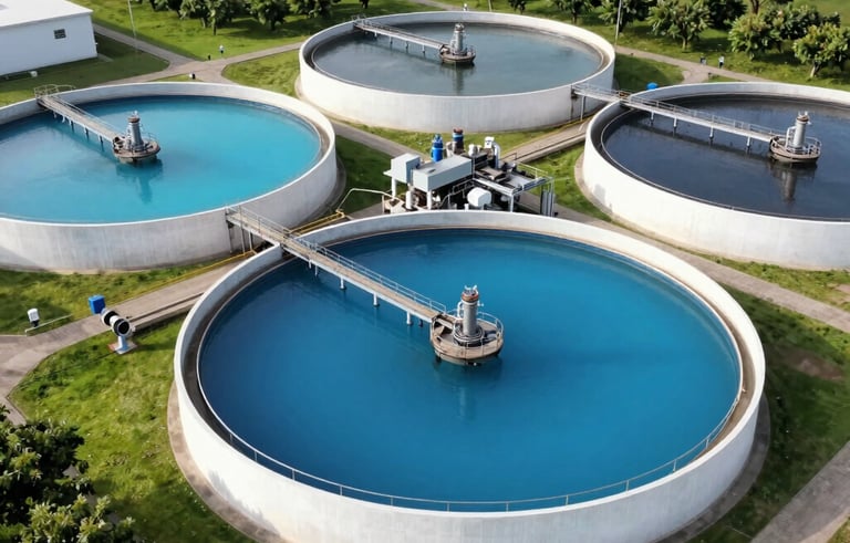 Aerial wide shot of a large industrial wastewater treatment plant in Mexico. Professional engineering, clean white concrete basins, water with maya blue hues, surrounded by manicured apple green landscape.