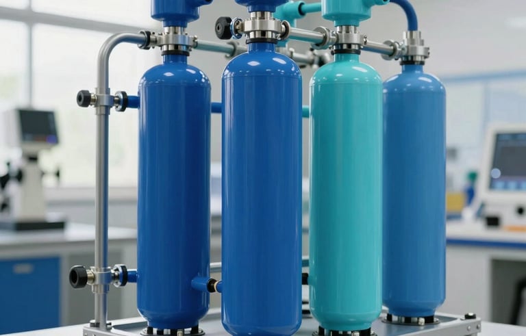 A professional, high-tech indoor water purification system with cobalt blue and maya blue components. Clean, modern industrial design in a bright Mexican facility. Sharp focus, soft natural lighting, reflecting a sense of safety and purity.