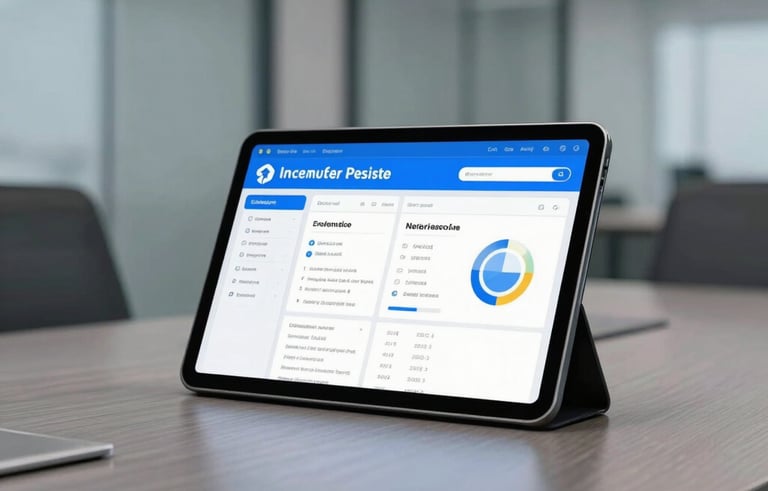 A sharp, professional photograph of a corporate boardroom table with a tablet showing a clean enterprise dashboard. The setting is a South Asian global professional office with glass walls and cool gray tones. Authoritative and sophisticated mood with deep sky blue highlights.